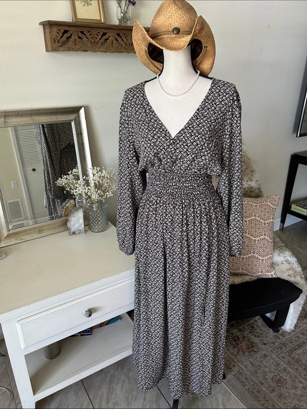 Gap V neck smocked waist brown floral cottage long balloon sleeve maxi dress L - Picture 1 of 13